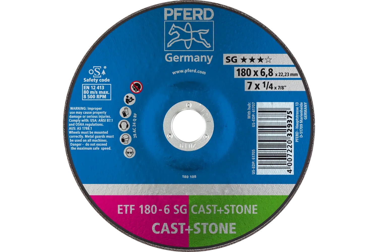 Picture of Pferd Grinding Wheel, 7" X 1/4 X 7/8, Sg Cast+Stone, T28, Ao, Sic